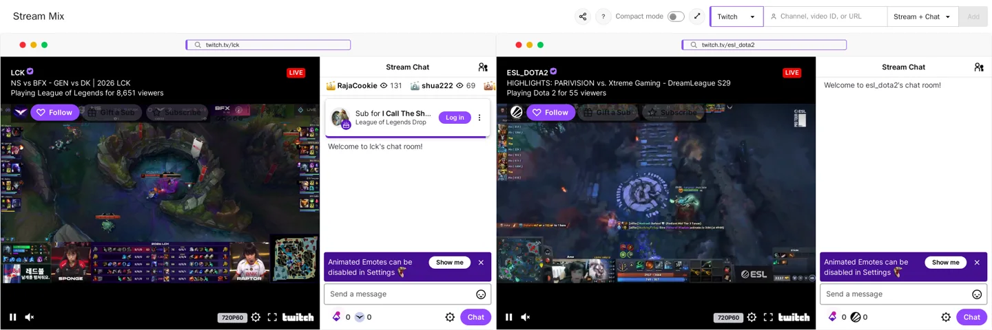 Stream Mix workspace with two Twitch streams and live chats side by side